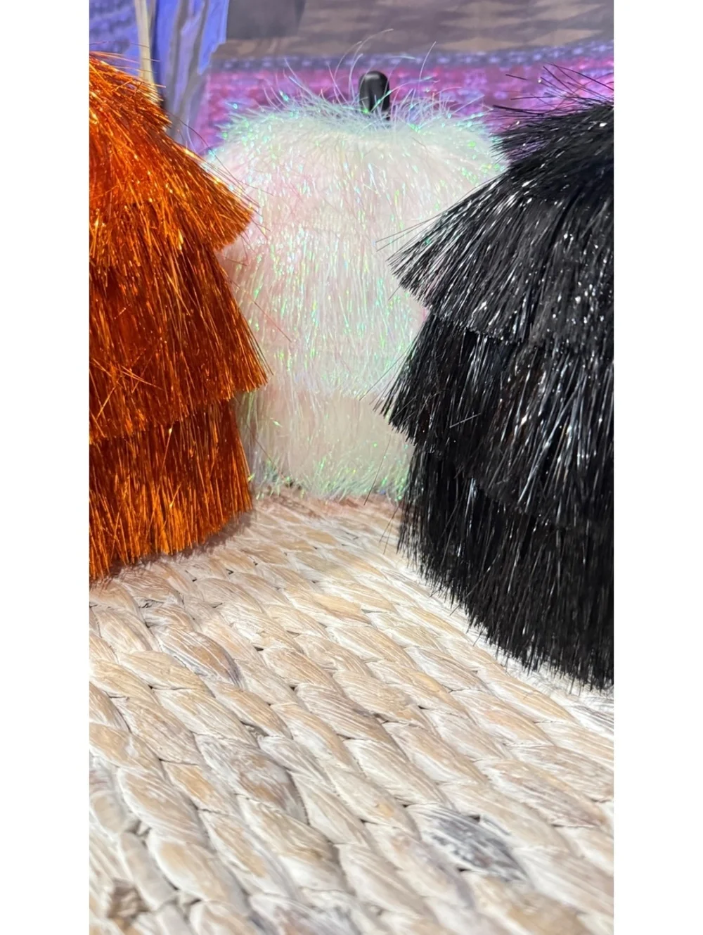 Fringe Tinsel Pumpkin Decor lot of 3 Orange, Black and Iridescent Hyde and Eek